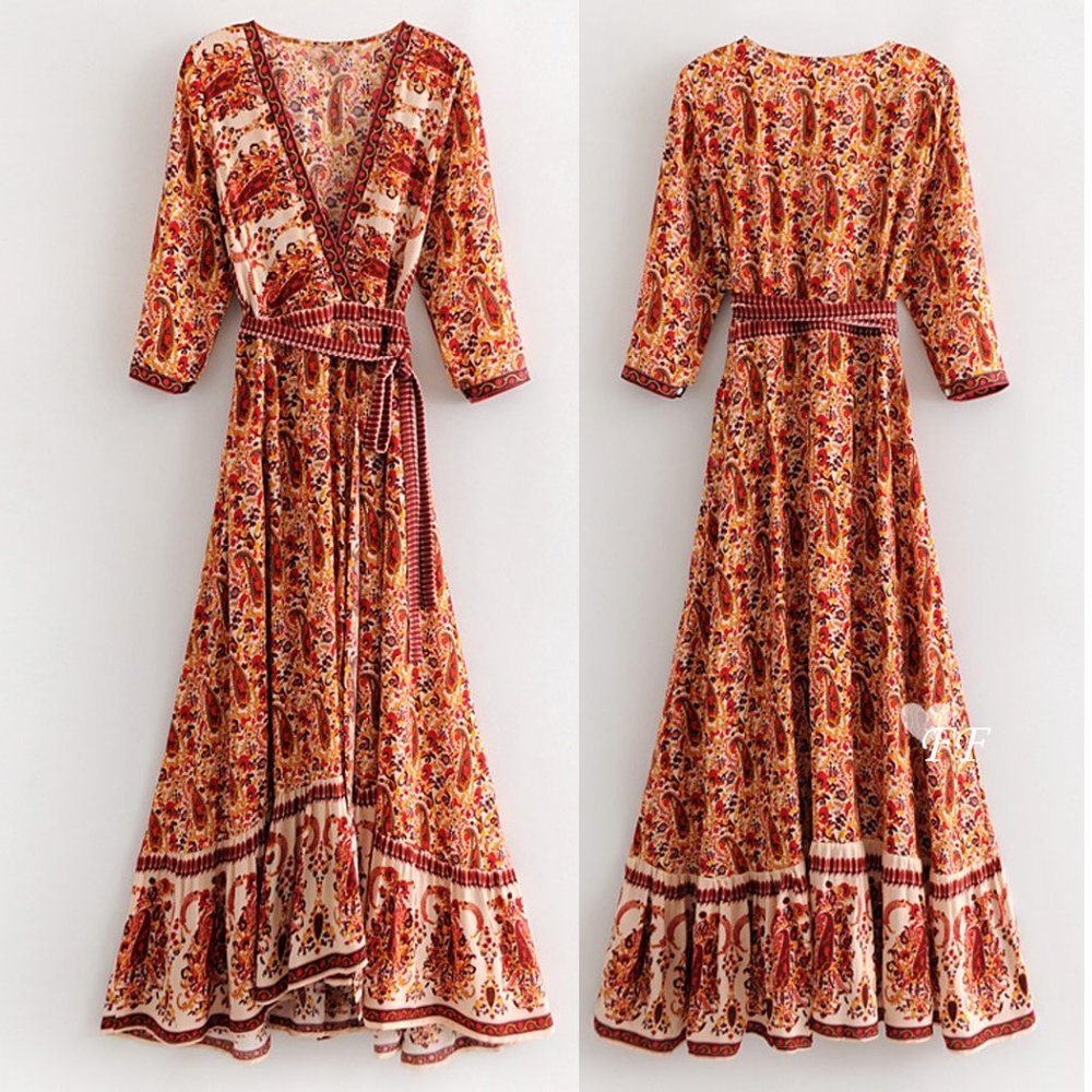 New Boho Summer Plunging Maxi Floral Wrap Dress